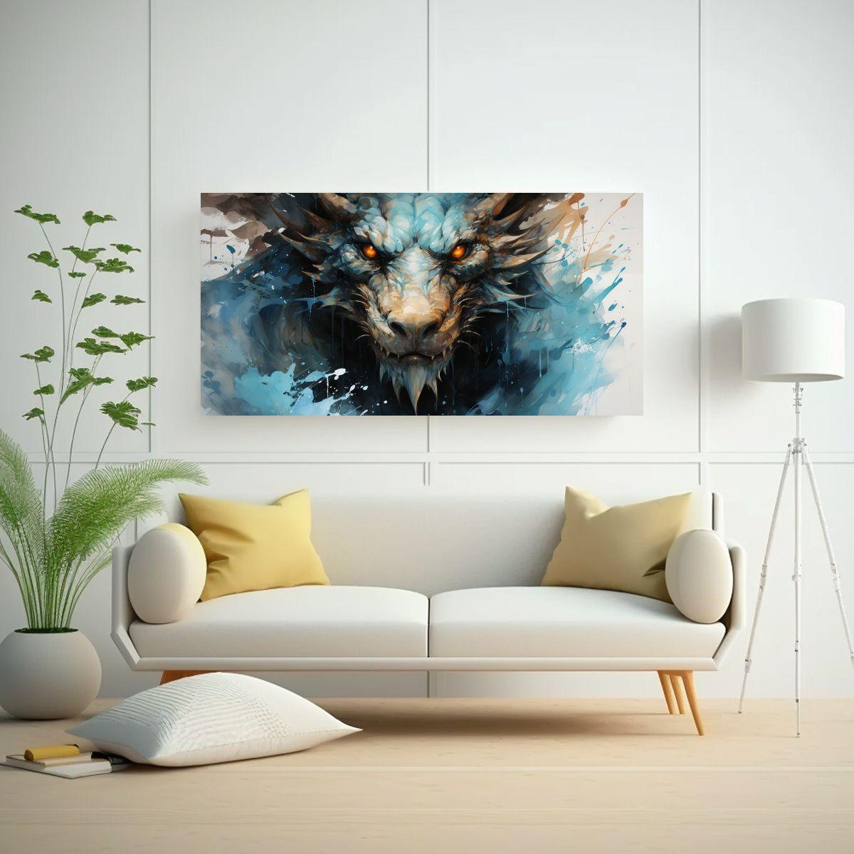 Cuadro Tela Vintage Dragón Acuarela Y Turquesa 80x40cm-2