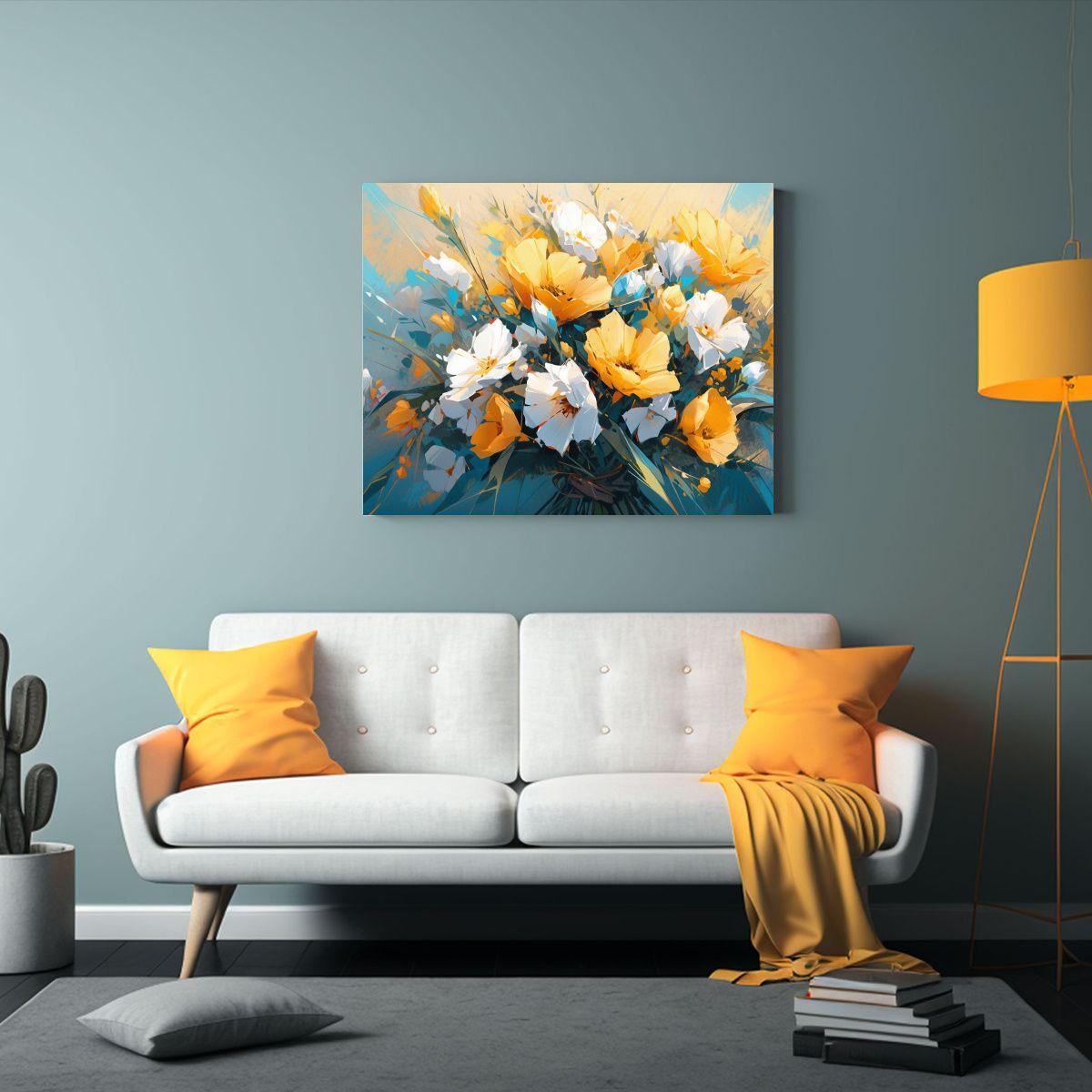 Cuadro De Composición Pop Art Amarillo Y Turquesa Con Flore 90x60cm-2