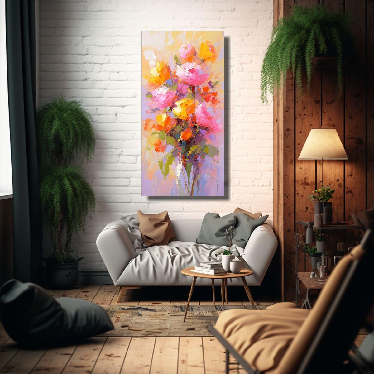Pintura En Lienzo De Flores Amarillas Y Magentas 70x140cm-2