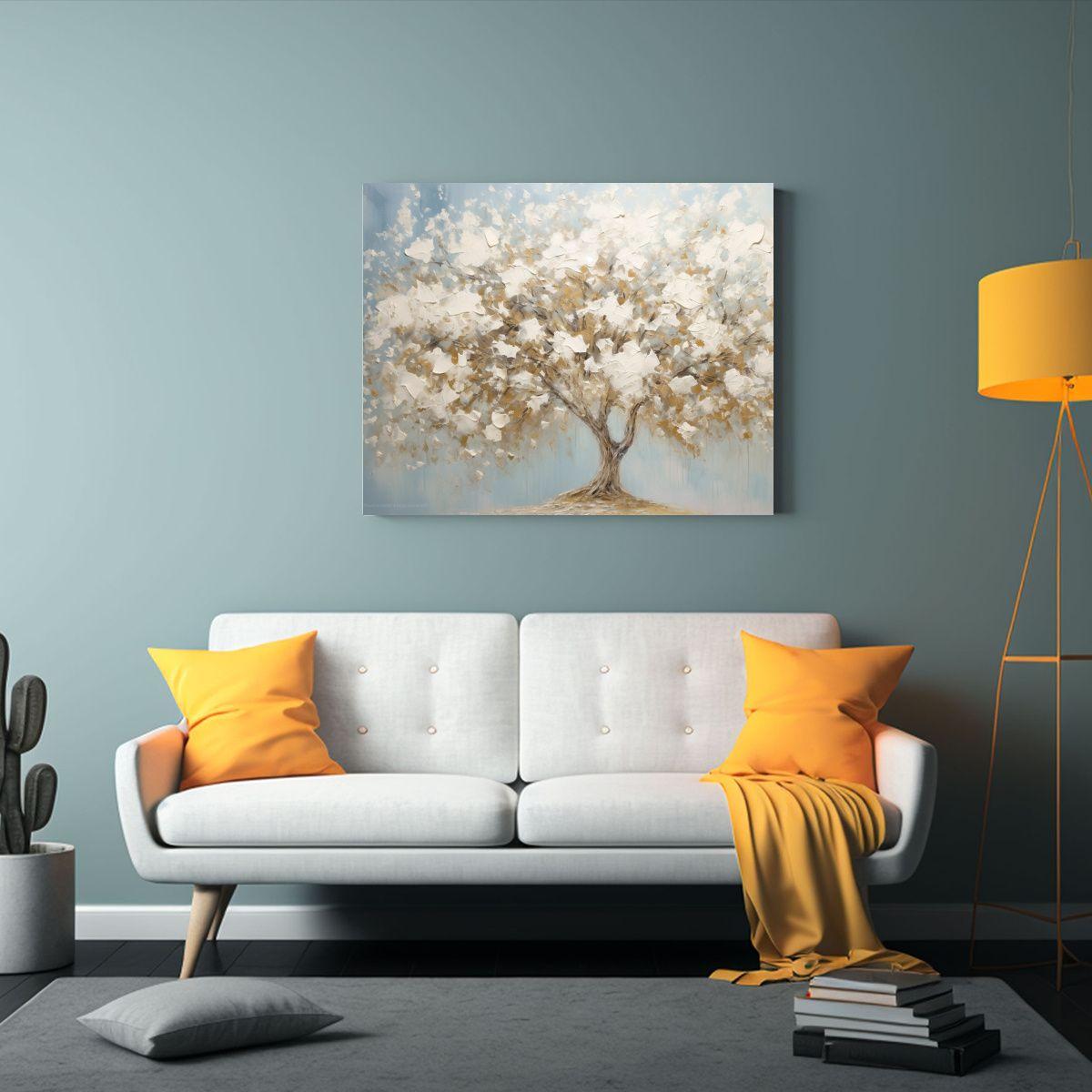 Pintura De árbol Blanco Con Muchas Hojas Estilo Arte En Bas 45x30cm-2