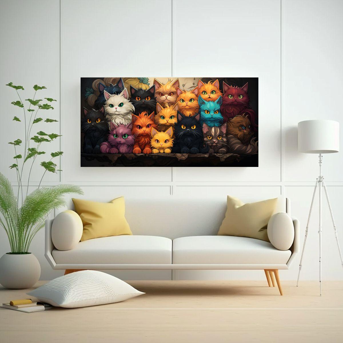 Cuadro Surrealista: Gatos De Colores En Una Pila 140x70cm-2
