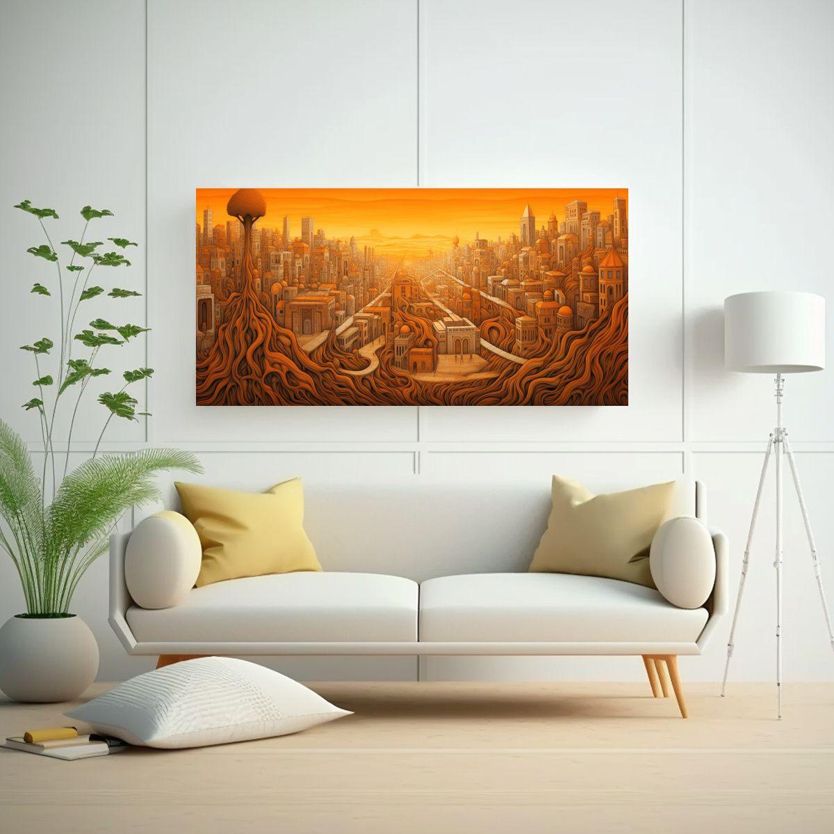 Pintura Abstracta De Ciudad Recortada Con árbol 100x50cm-2