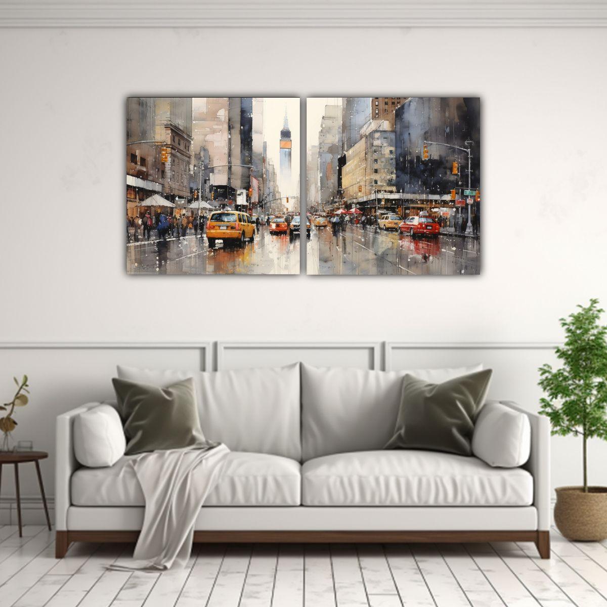 Cuadros Tela Dibujo Moderno New York Estilo Gris 100x50 Cm-2