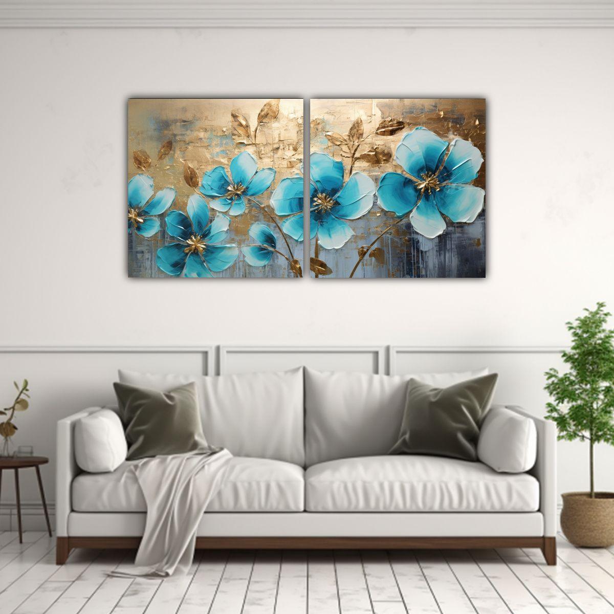 Diptico Impreso Contraste De Pintura Floral Azul 60x30 Cm-2