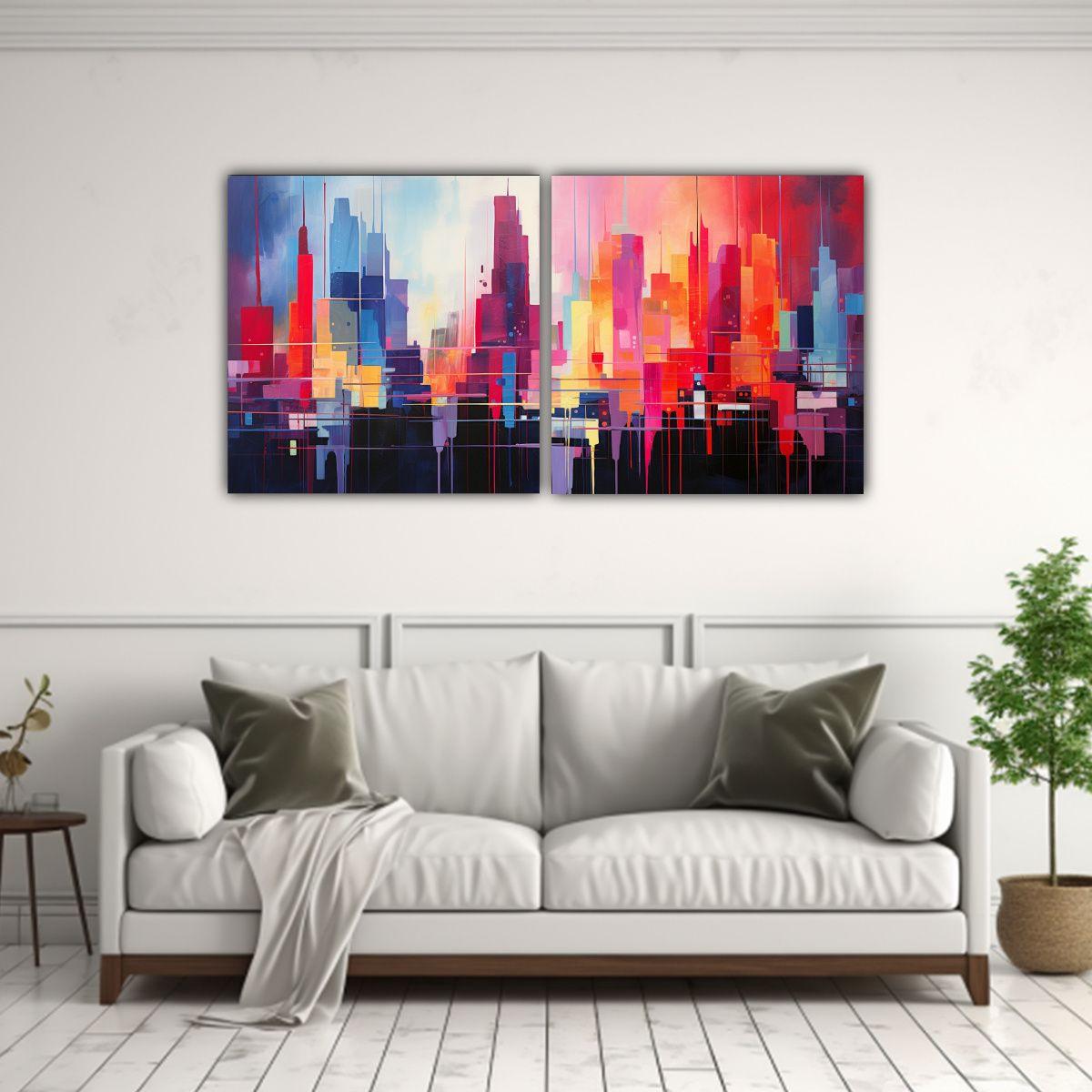 Cuadro Abstracto De Ciudad En Tonos Brillantes 40x20 Cm-2