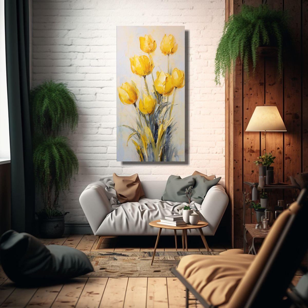 Pintura Vertical Amarilla De Tulipanes En Lienzo 50x100 Cm-2