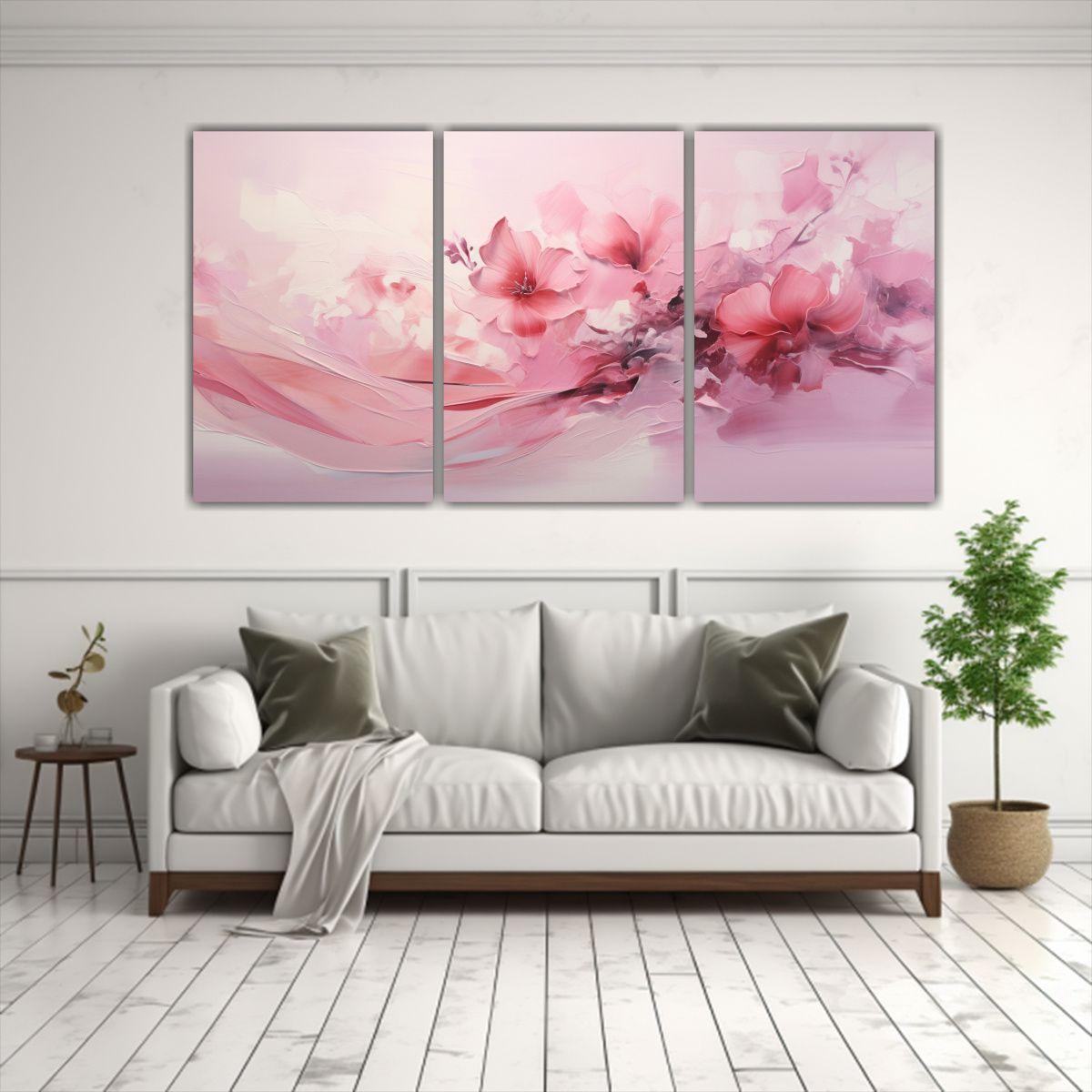 Pintura Abstracta Rosa En Tres Lienzos Para 150x75 Cm-2