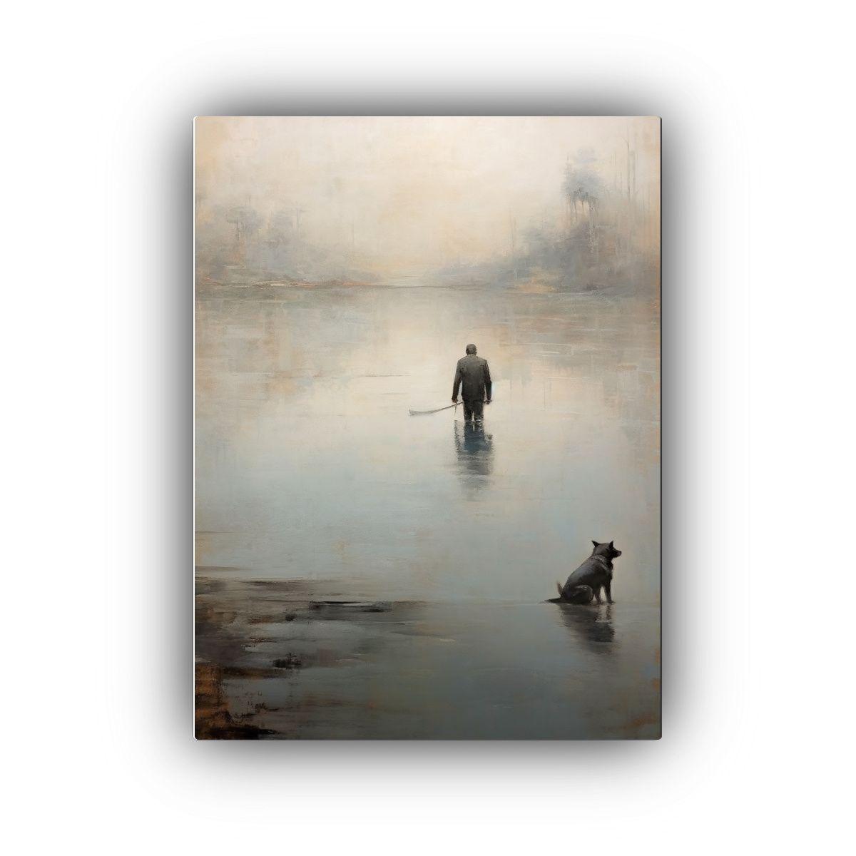 Pintura Acuarela Elegante De Hombre Y Perro En El Agua 30x40cm-0
