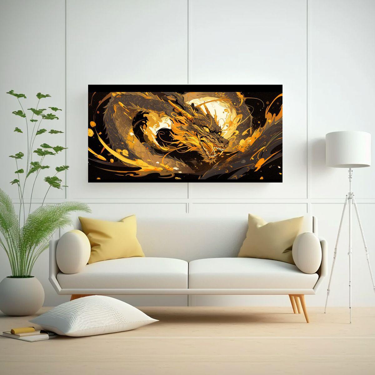 Cuadro Moderno Linda: Dragón En Colores Oro, 40x20cm-2