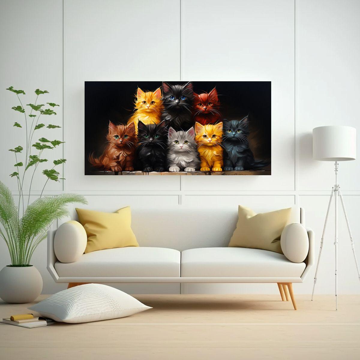 Cuadro De Gatos En Colores Sobre Fondo Naranja 160x80cm-2
