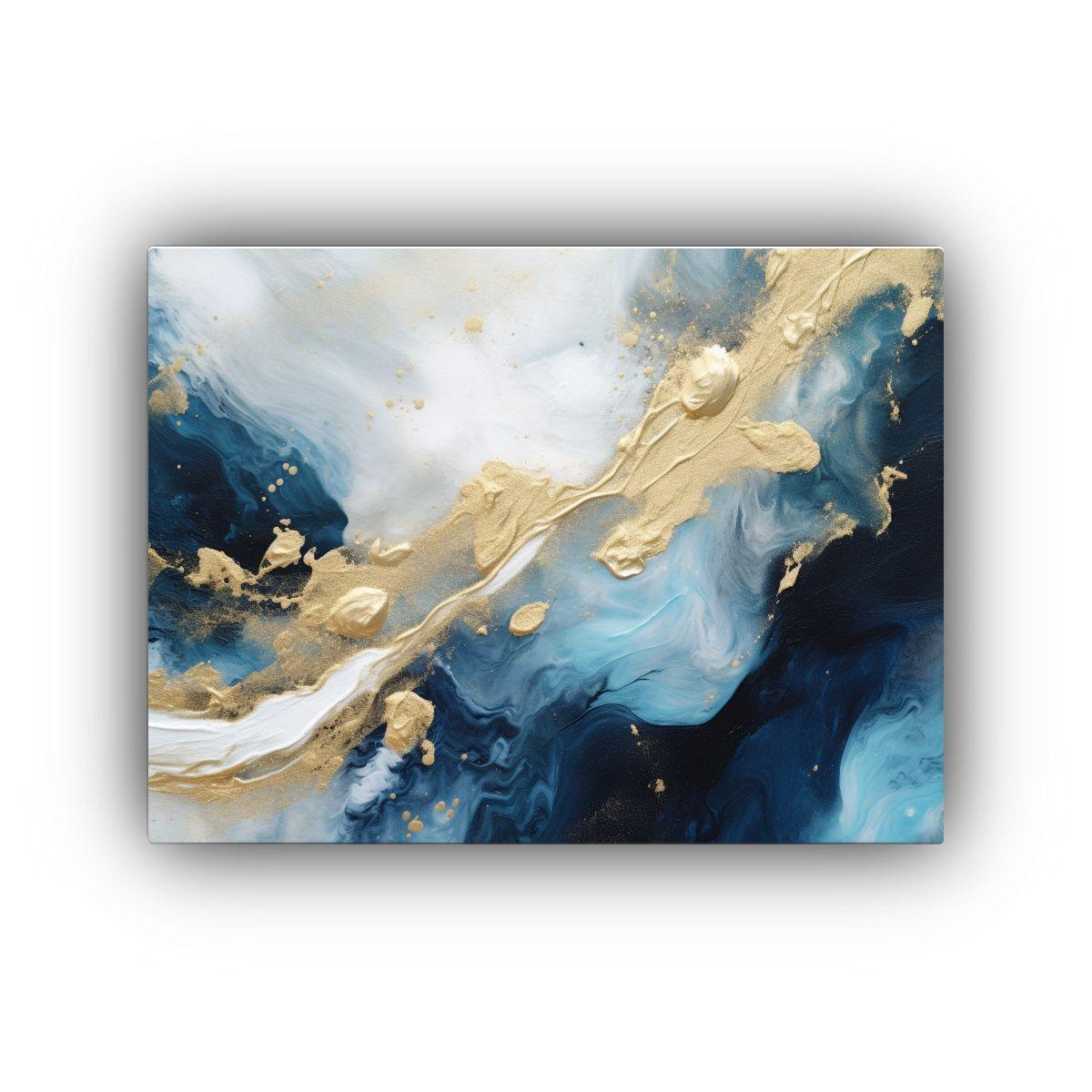 Pintura Abstracta Azul Con Oro Y Pedrería Para Decoración. 65x50cm-0