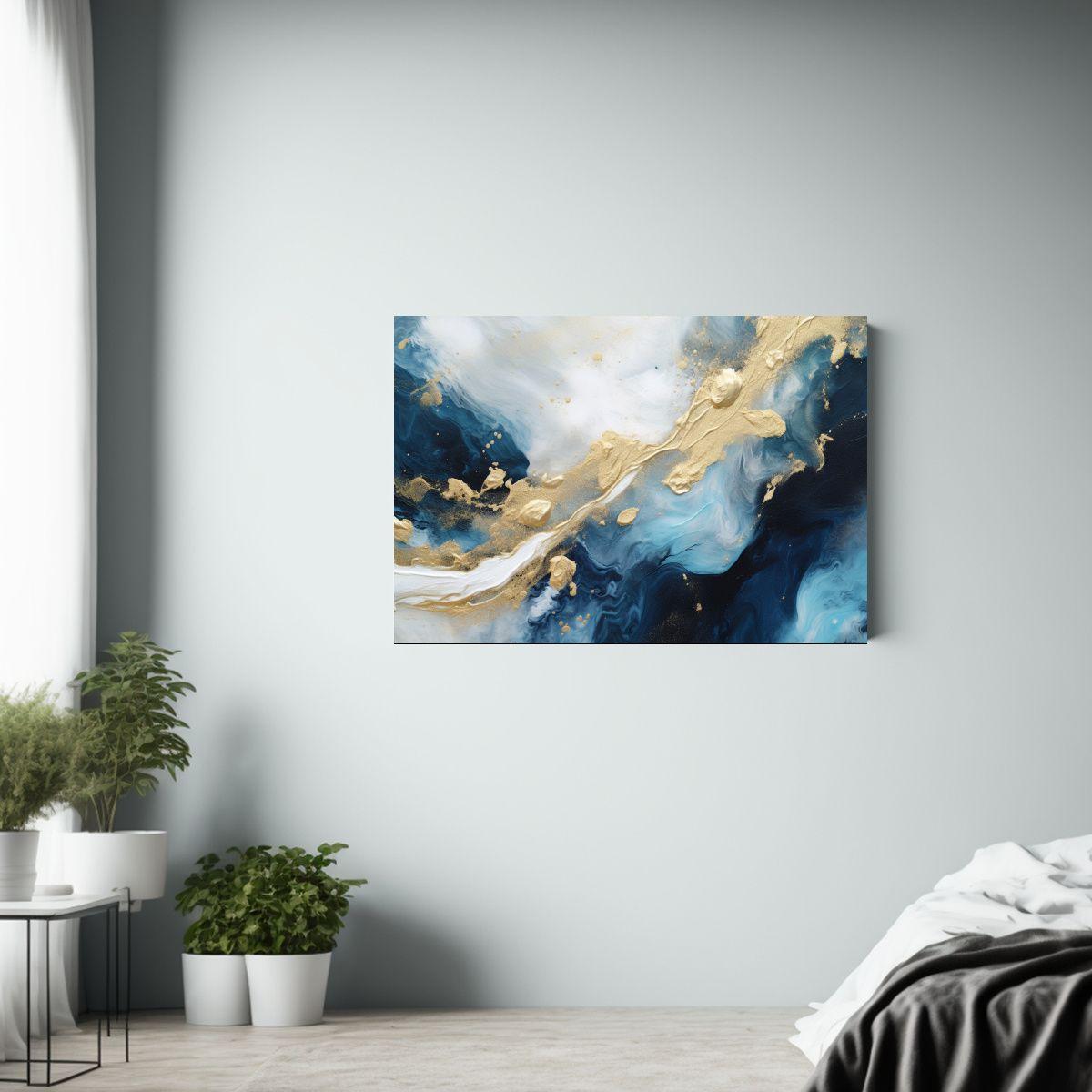 Pintura Abstracta Azul Con Oro Y Pedrería Para Decoración. 65x50cm-2