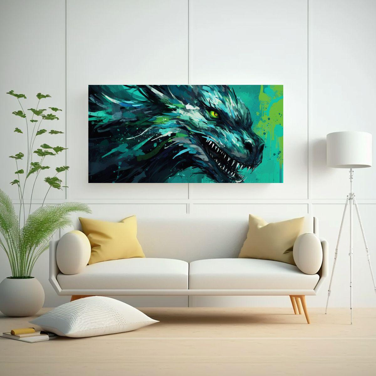 Lienzo Tela Colorido: Dragón Verde Y Turquesa, 160x80cm-2