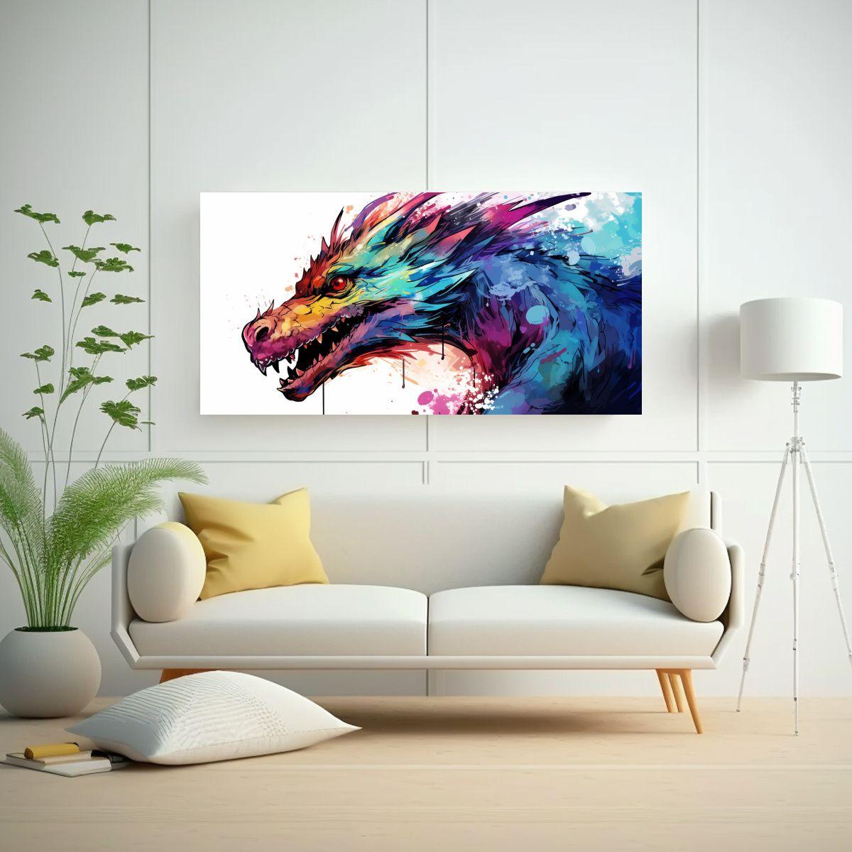 Cuadro Moderno Brillante: Dragón En Colores 40x20cm-2