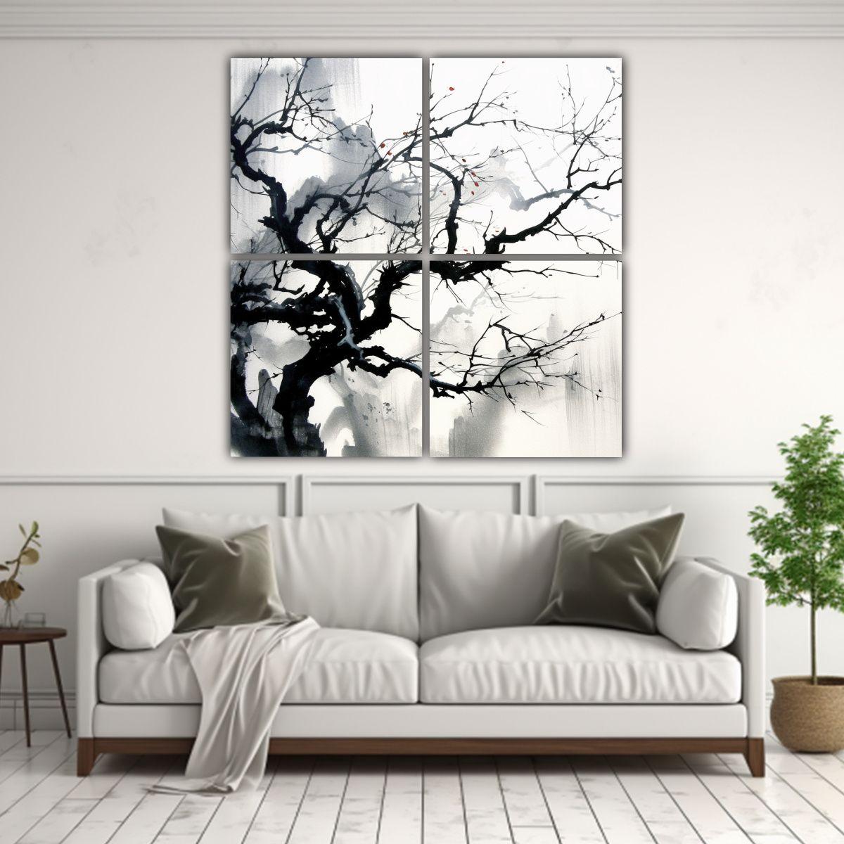 Pinturas Decorativas Japonesas Sumi E Con Ramas 100x100 Cm-2