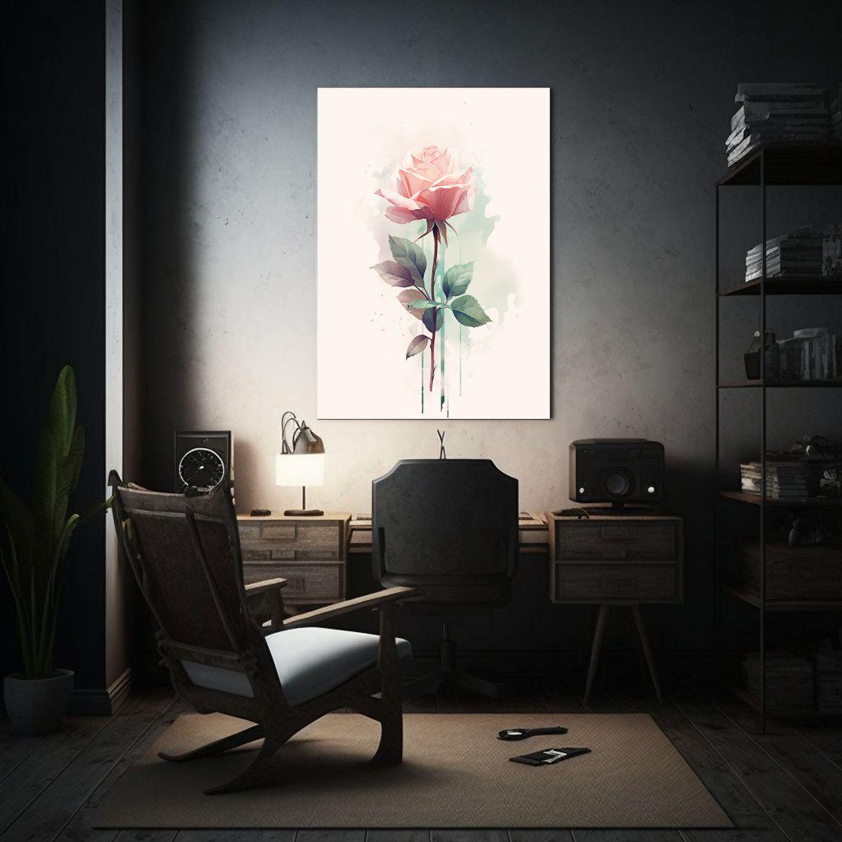 Cuadro Hermoso Rosa En Acuarela Con Fondo Verde 40x50cm-2