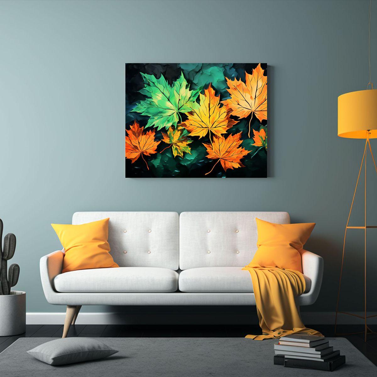 Pinturas De Hojas De Arce En Verde Y Naranja En Perspectiva  60x40cm-2
