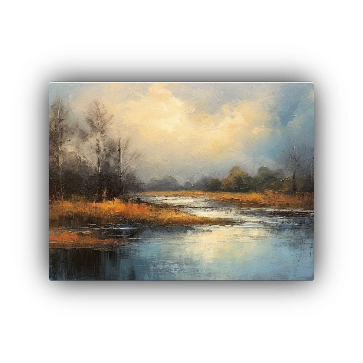 Pintura De Paisaje Con Cielo Nublado Sobre Río: 40x30 Cm-0