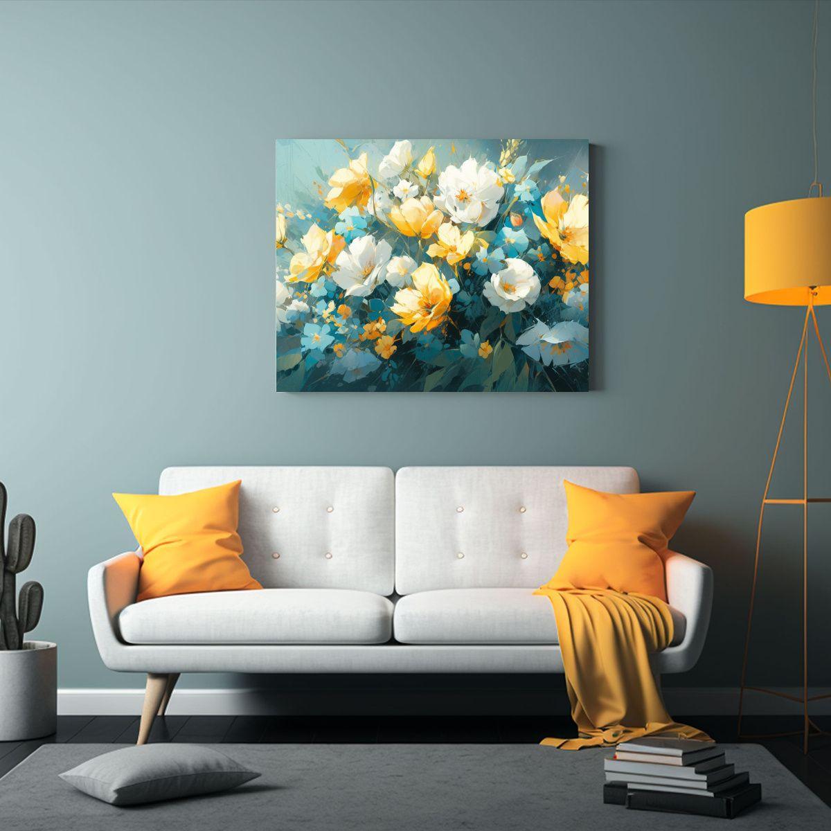 Pintura Floral De Lienzo En Tonos Amarillos Y Cian. 40x30cm-2