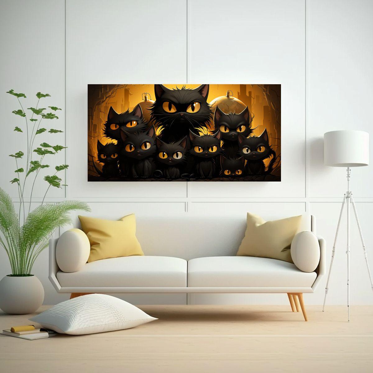 Cuadro De Gatos Negros Sobre Fondo Naranja 60x30cm-2