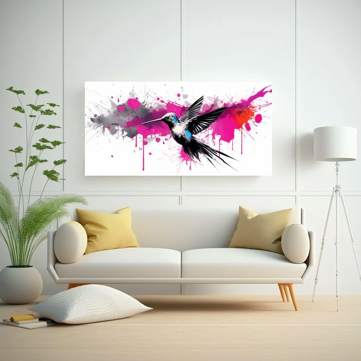 Pintura Decorativa: Colibrí En Negro Y Rosa Neo 80x40cm-2