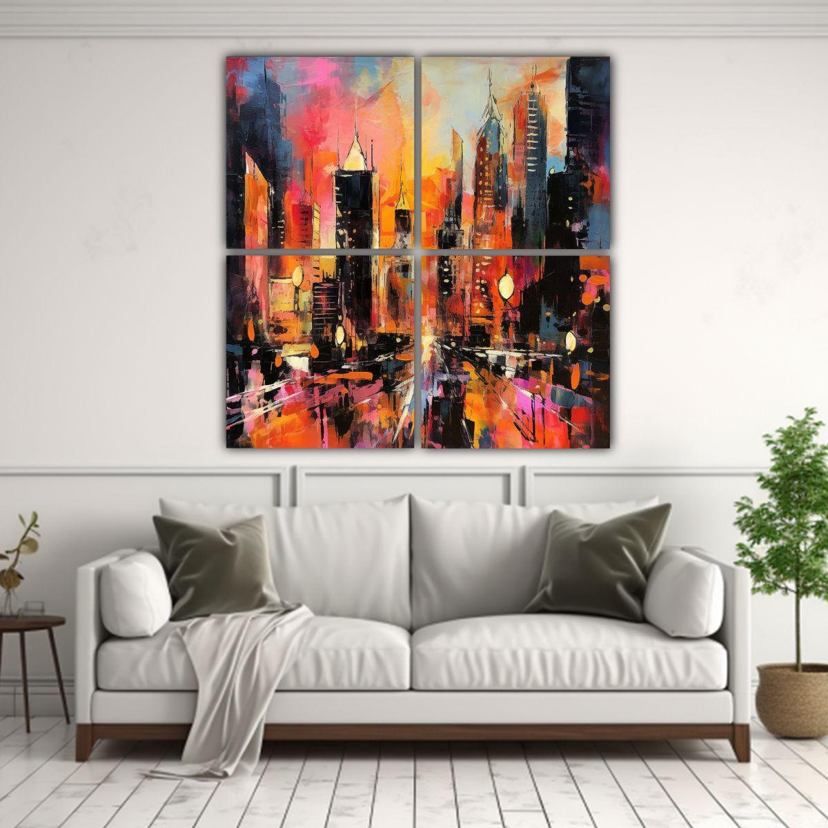 Pintura Abstracta Ciudad Al Amanecer Decoración 80x80 Cm-2
