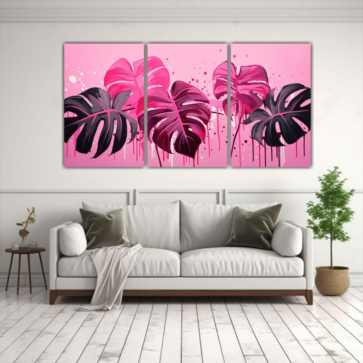 Conjunto 3 Cuadros Impreso Visión Monstera Rosa 150x75 Cm-2