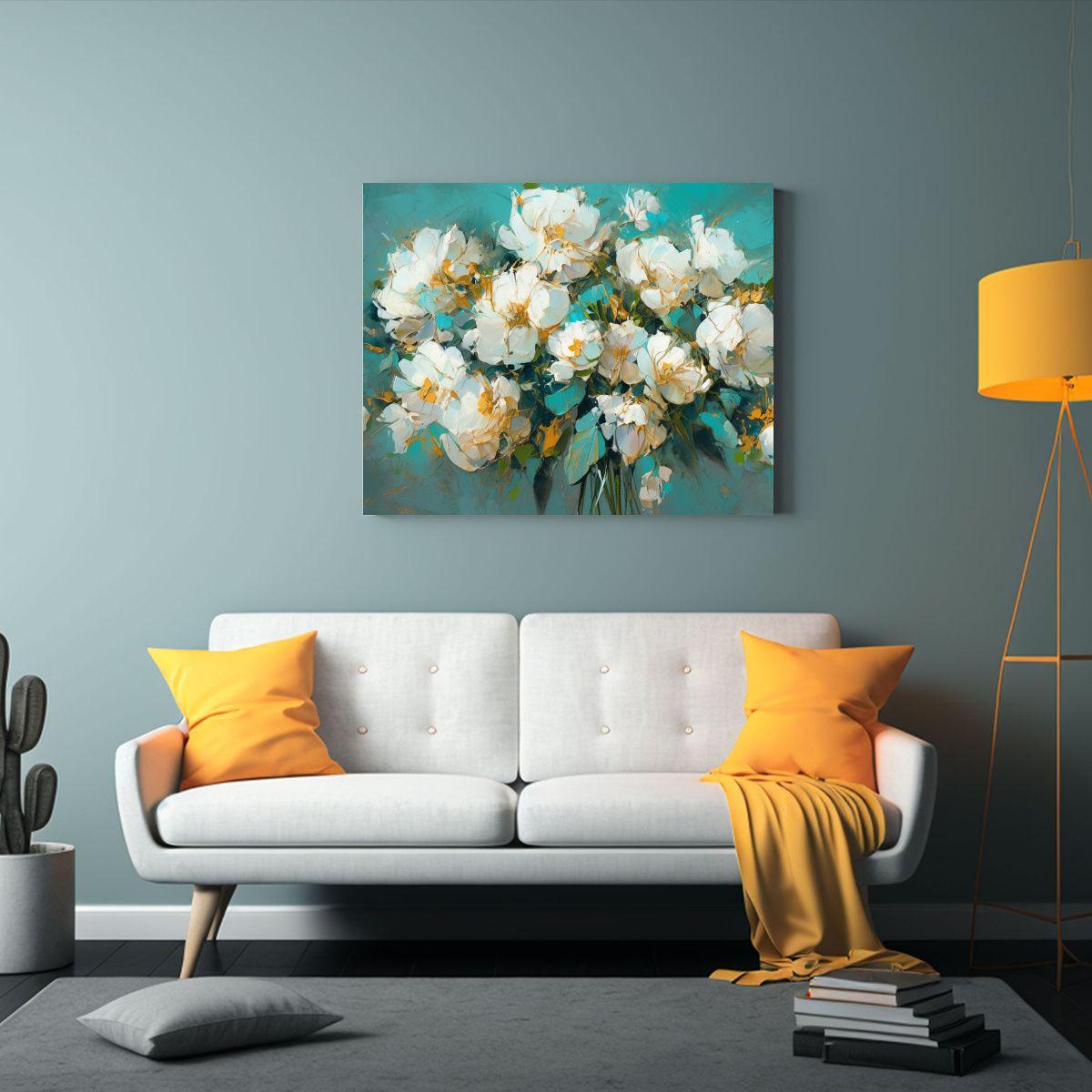 Cuadro De Flores En Colores Turquesa Y Dorado 30x20cm-2