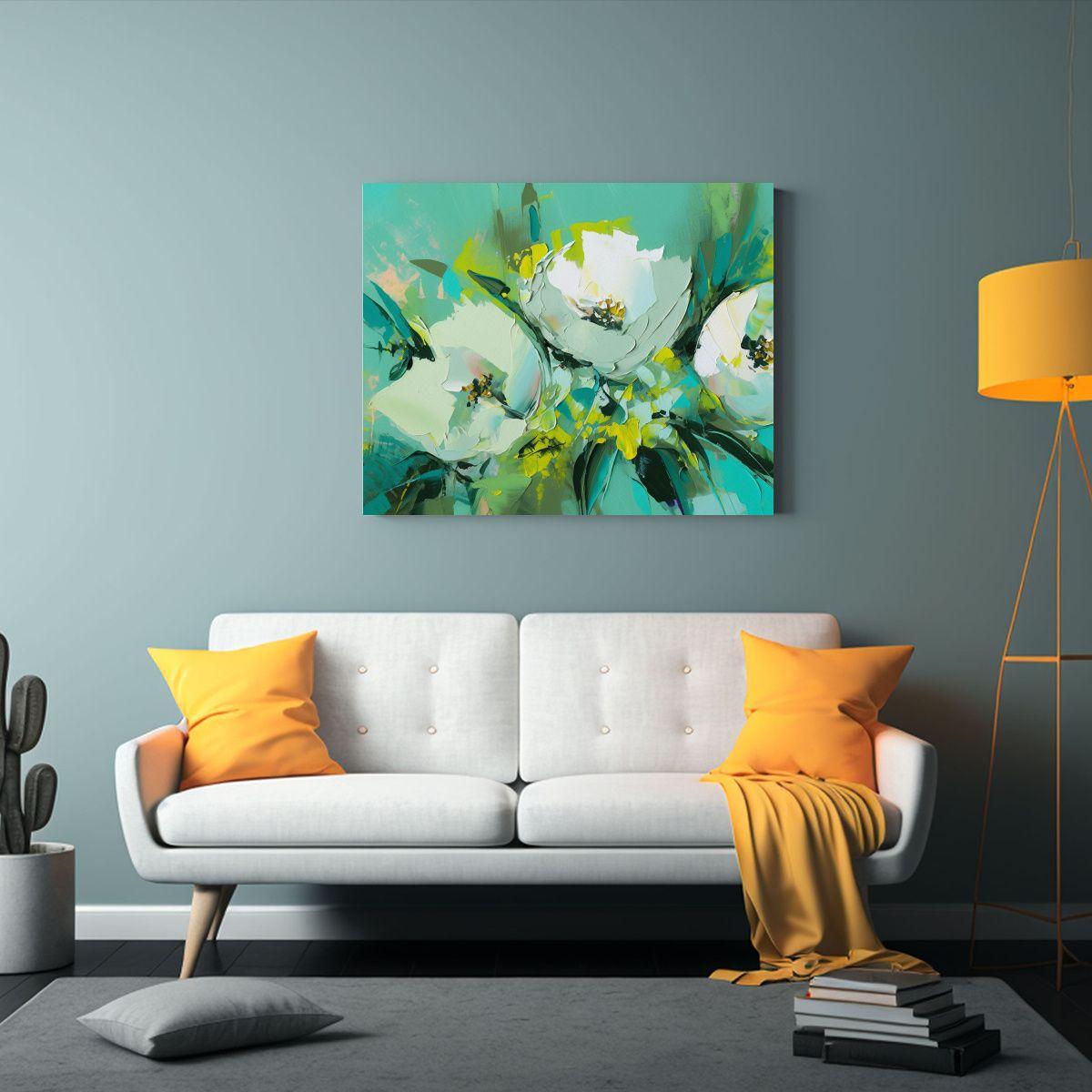 Cuadro Exclusivo De Flores En Tonos Verde Y Turquesa. 65x50cm-2