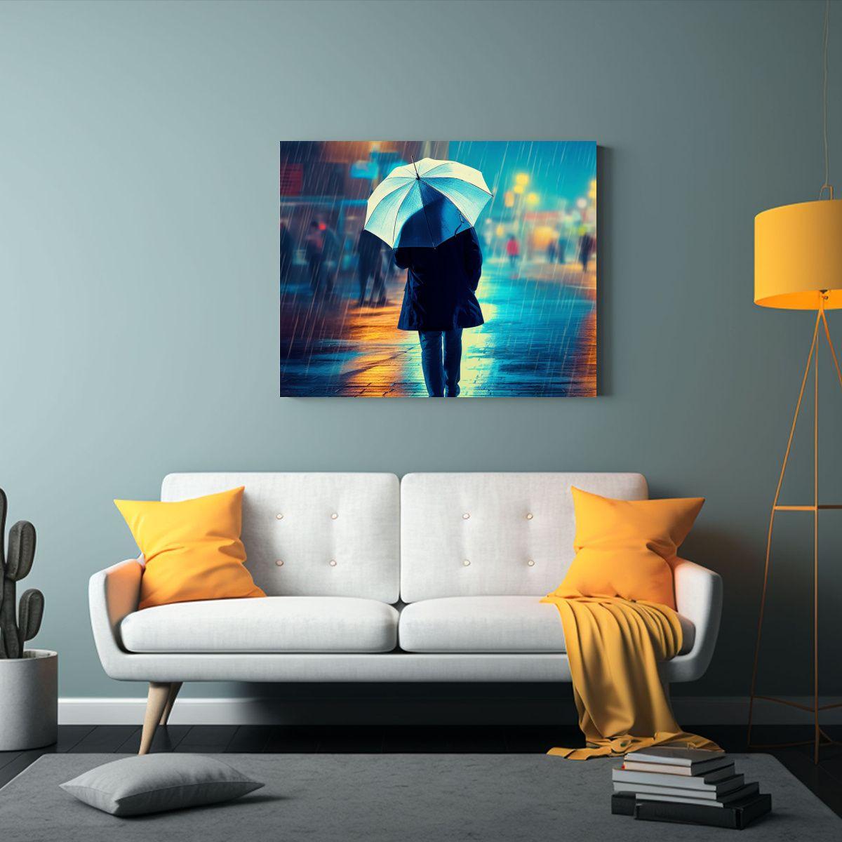 Pintura Decorativa: Hombre Mayor Con Paraguas Caminando. 50x40cm-2