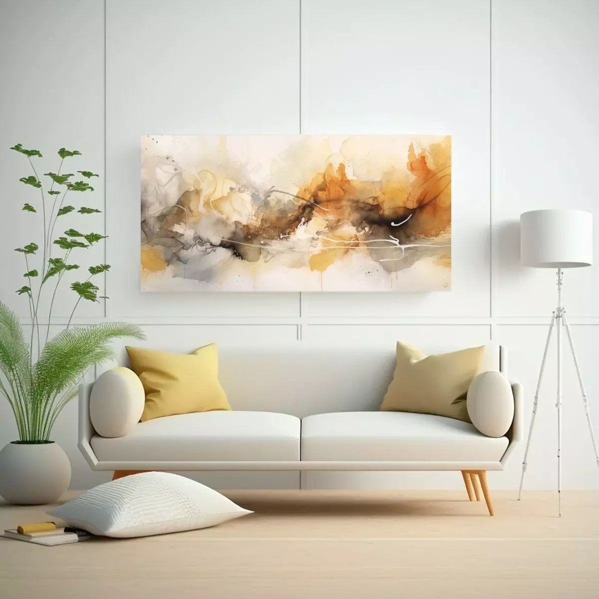 Cuadro Acuarela Moderna Abstracta Beige Y Blanco, 140x70cm-2