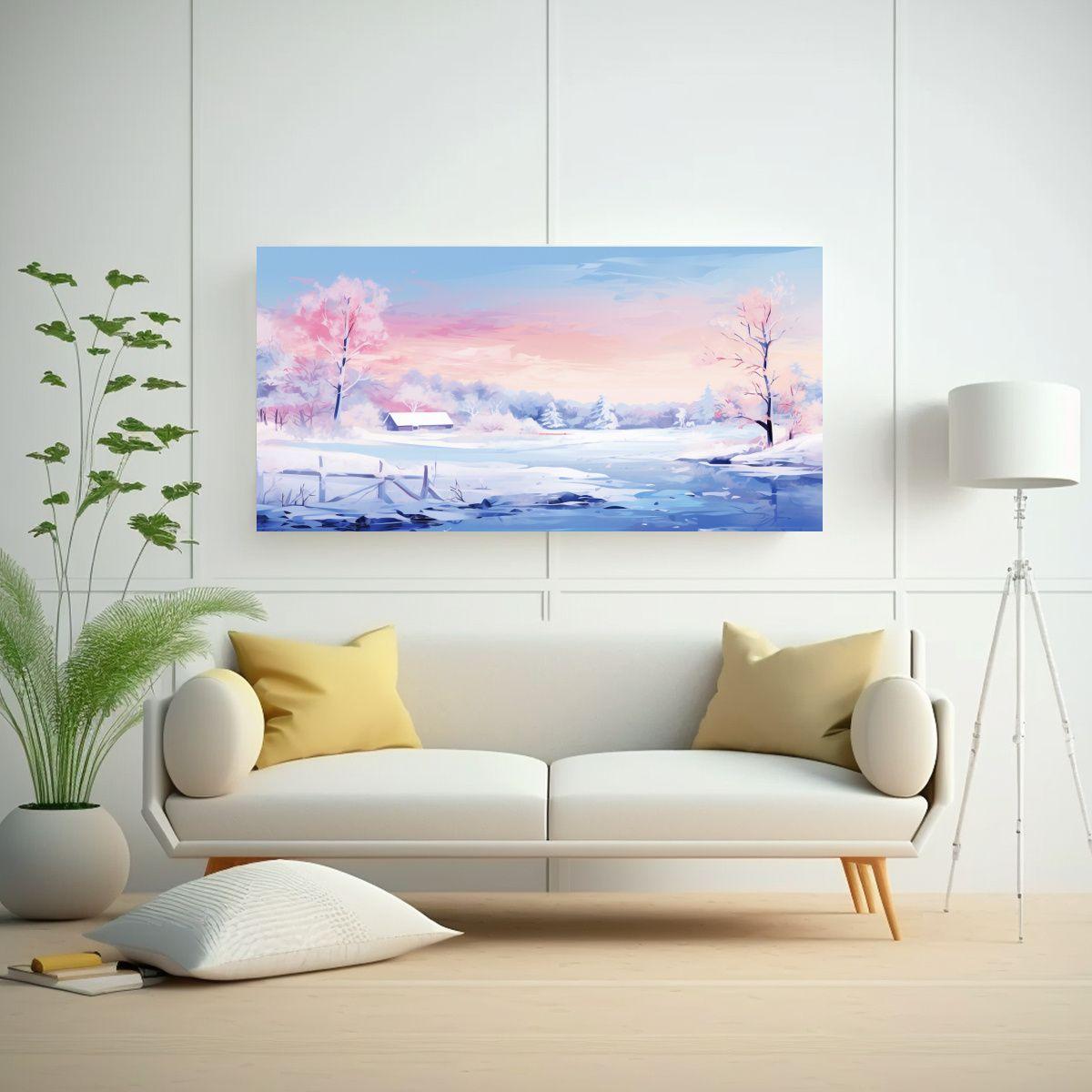 Paisaje Invernal En Lienzo Con Colores Blancos, 120x60cm-2