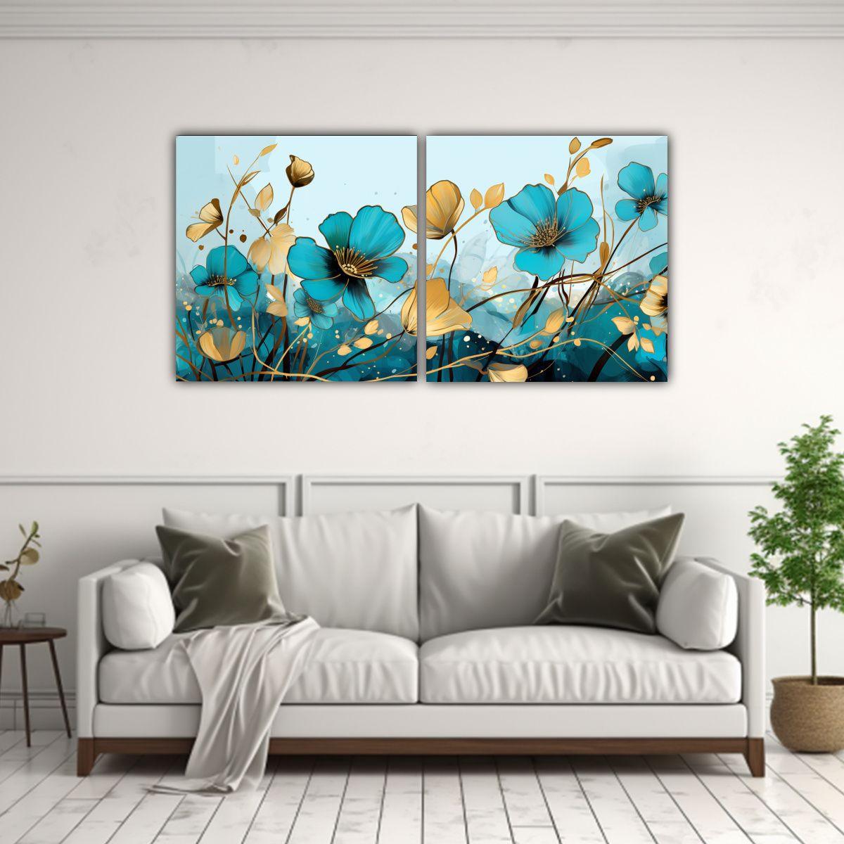 Diptico Abstracción En Turquesa Y Oro Atmosfera 140x70 Cm-2