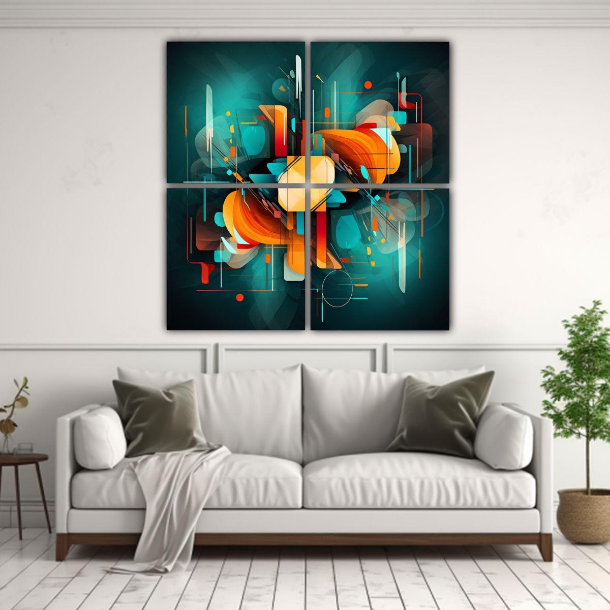 Cuatro Cuadros Concepto Alta Resolución En Teal 100x100 Cm-2