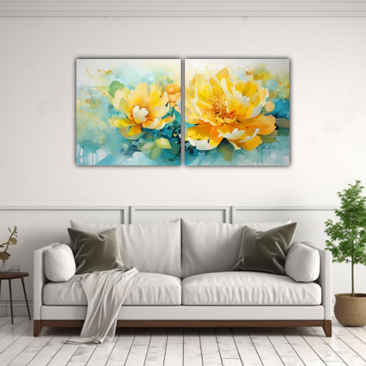 Lienzos Acuarela Peonías Amarillas Y Turquesa 40x20 Cm-2