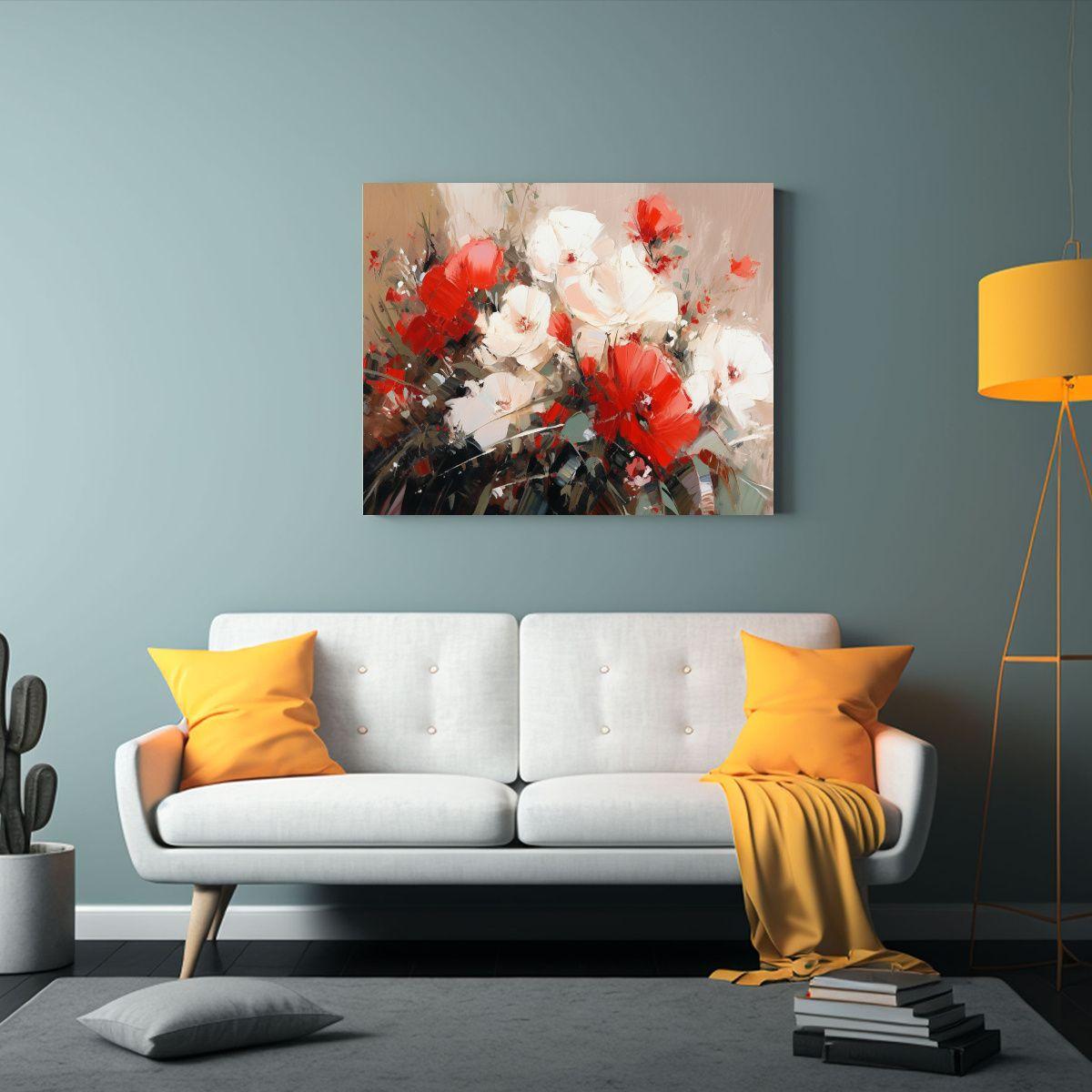 Pintura En Lienzo De Flores Blancas Y Rojas En Bastidor: Dec 30x20cm-2
