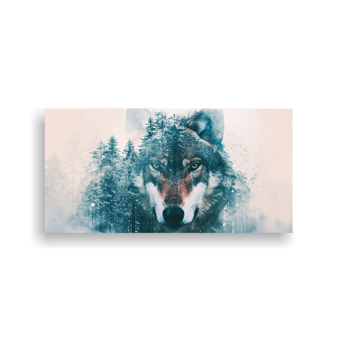 Dibujo Doble Exposición Lobo Bosque Invernal 40x20cm-0