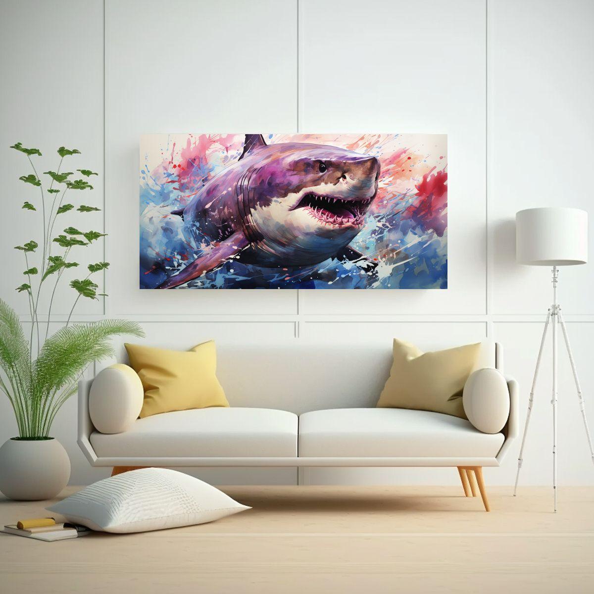 Lienzo Vintage Tiburón En Violeta Y Azul En Arte 140x70cm-2