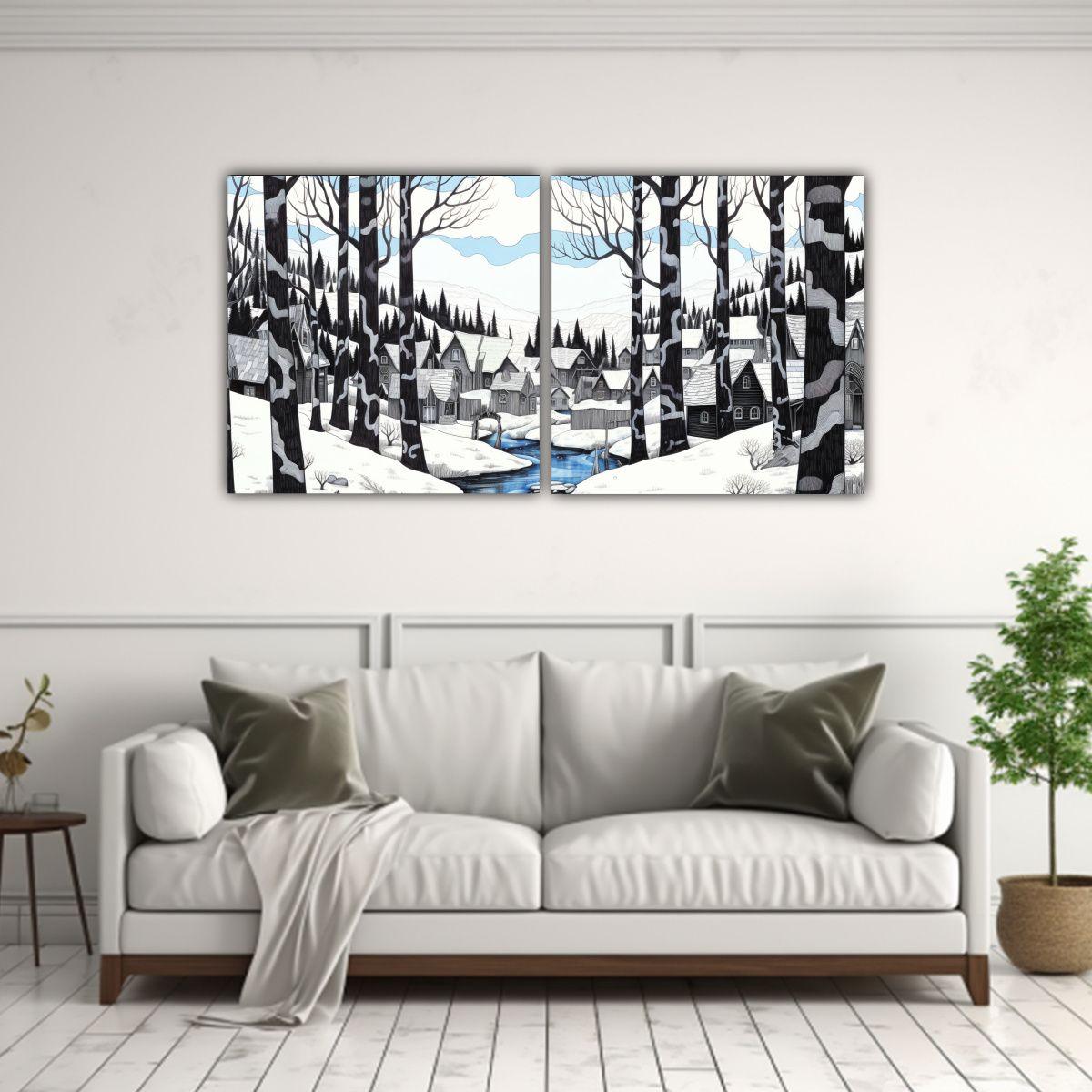 Cuadro De Decoración Line Drawing Bosque Nevado 160x80 Cm-2