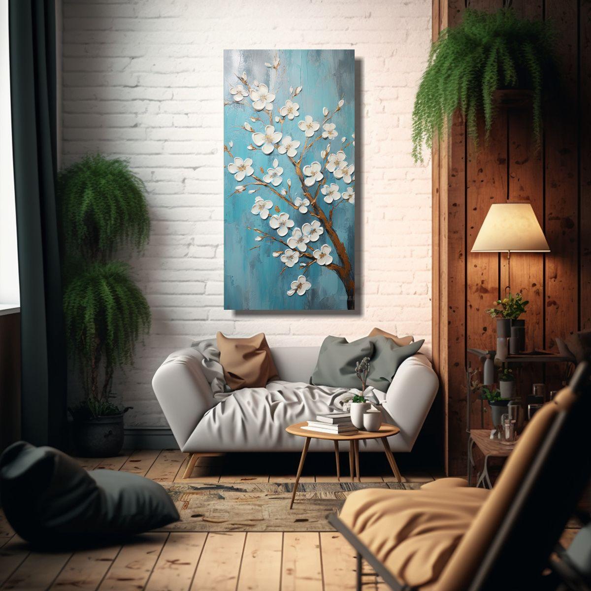 Pintura Acuarela Comedor Con Flores De Cerezo 70x140cm-2