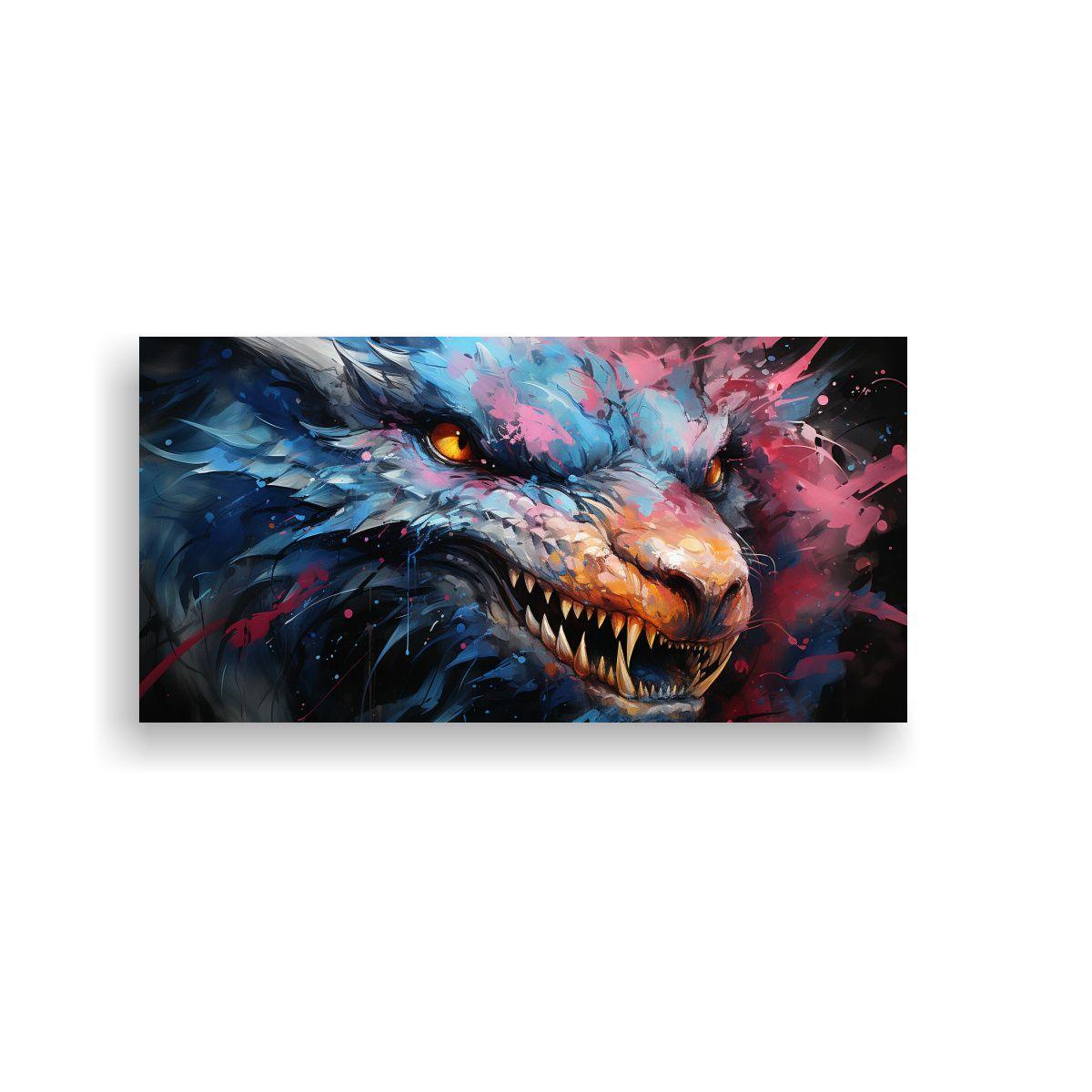 Pintura En Bastidor: Dragón Vibrante En Azules 40x20cm-0