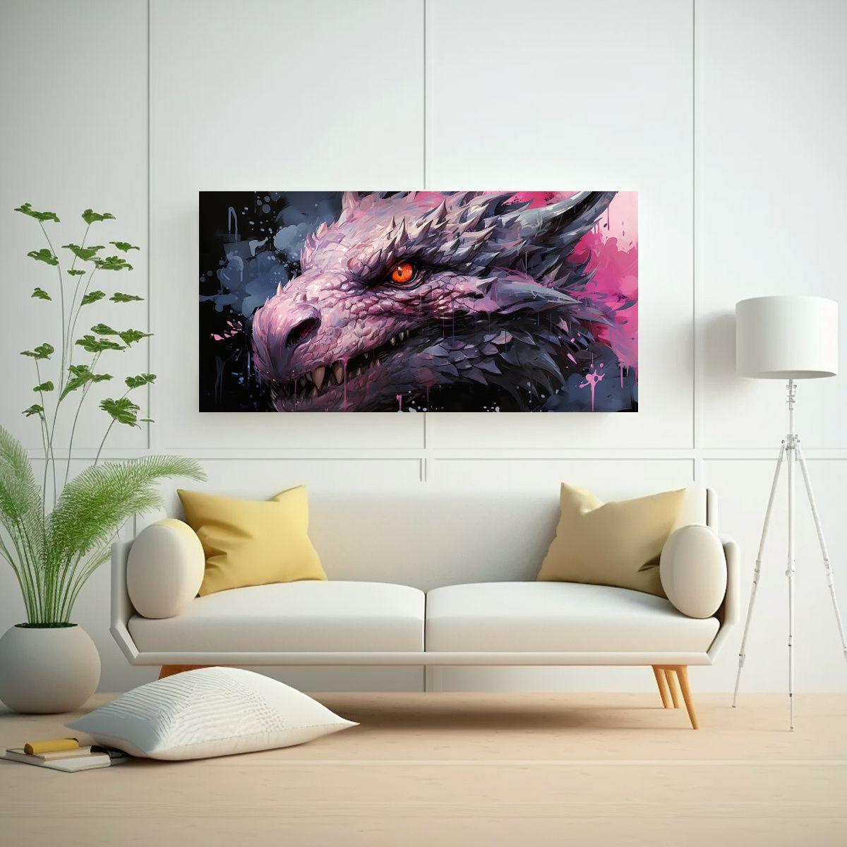 Cuadro Impreso Cocina Dragón Rosa Estilo Neonoir 60x30cm-2