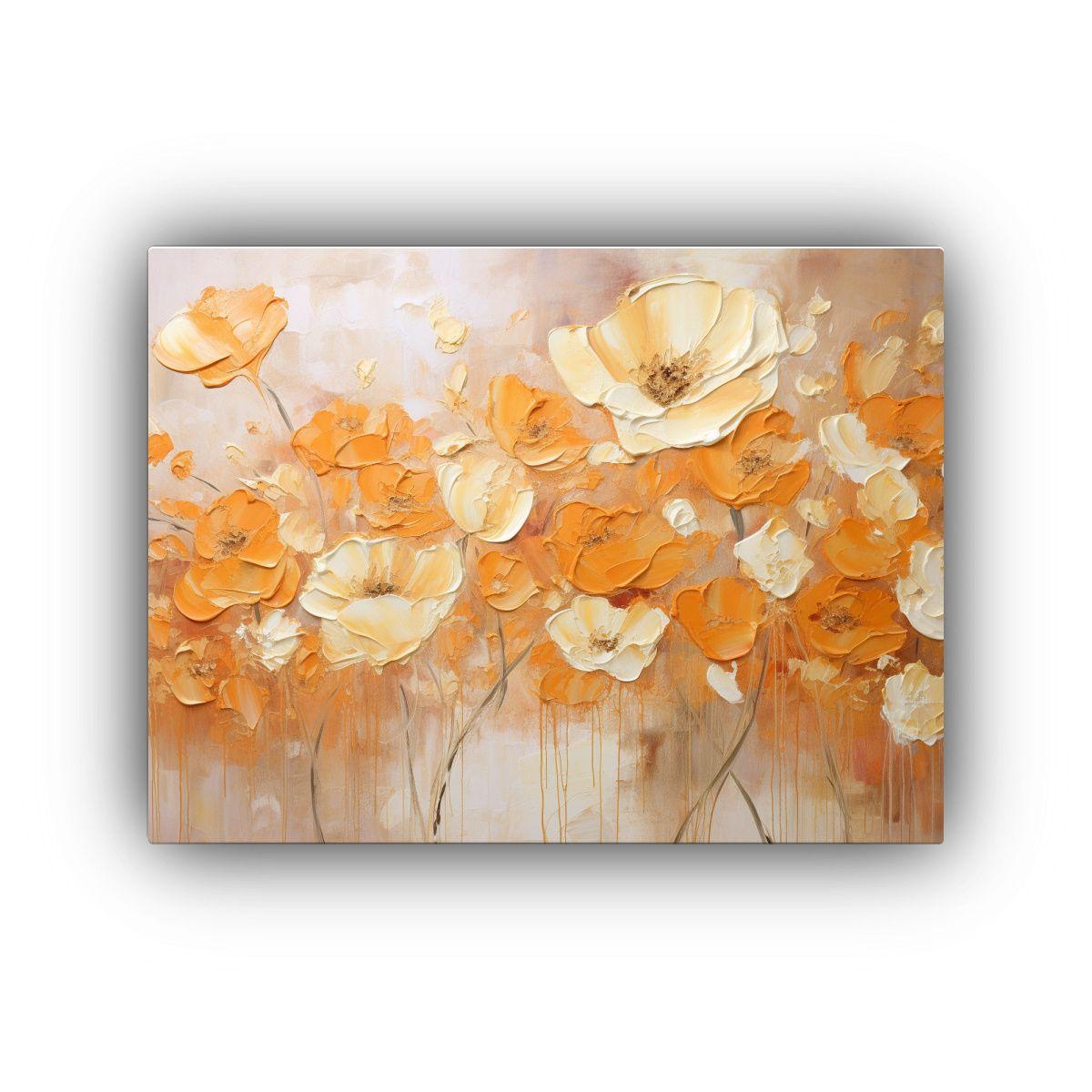 Pintura De Flores En Lienzo En Colores Naranja Y Dorado. 120x80cm-0