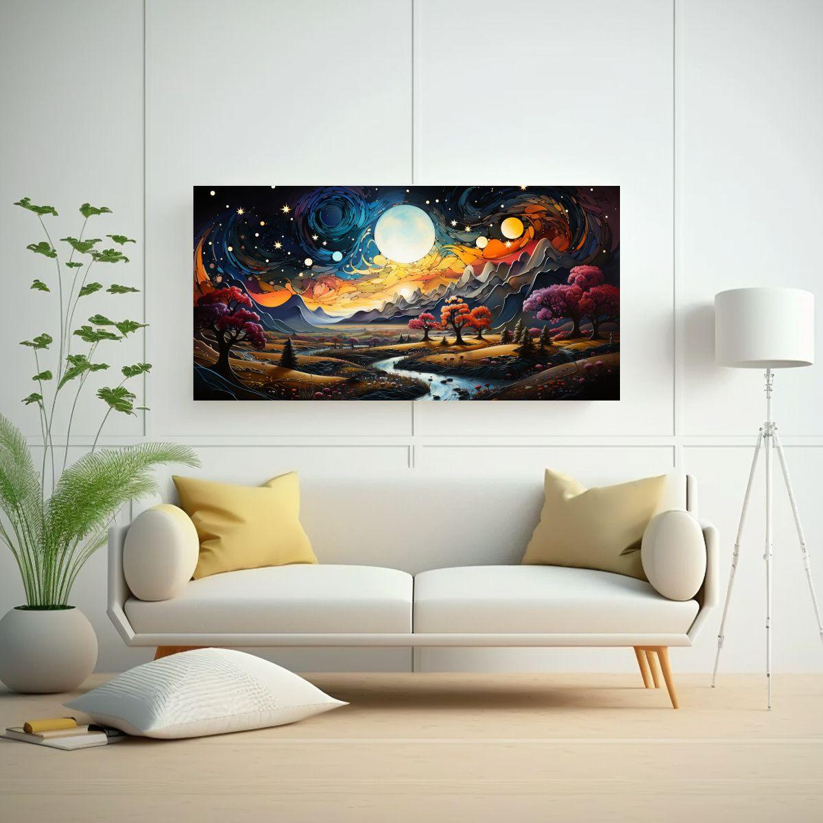 Pintura Con Luna Cerca De Montañas, Estilo 160x80cm-2