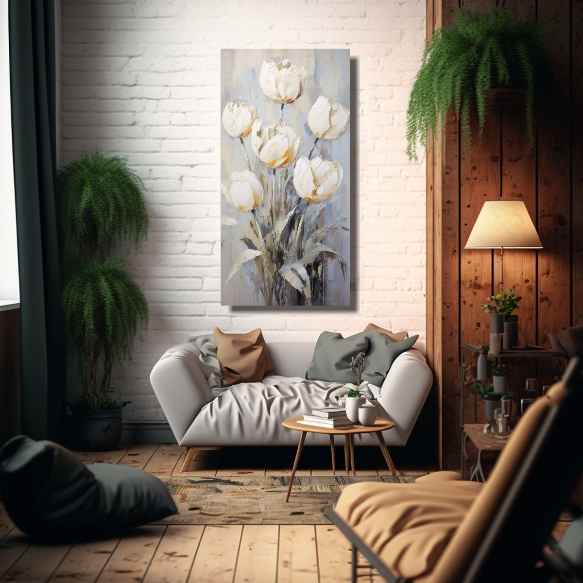 Pintura En Lienzo De Tulipanes Blancos En Estilo 70x140cm-2
