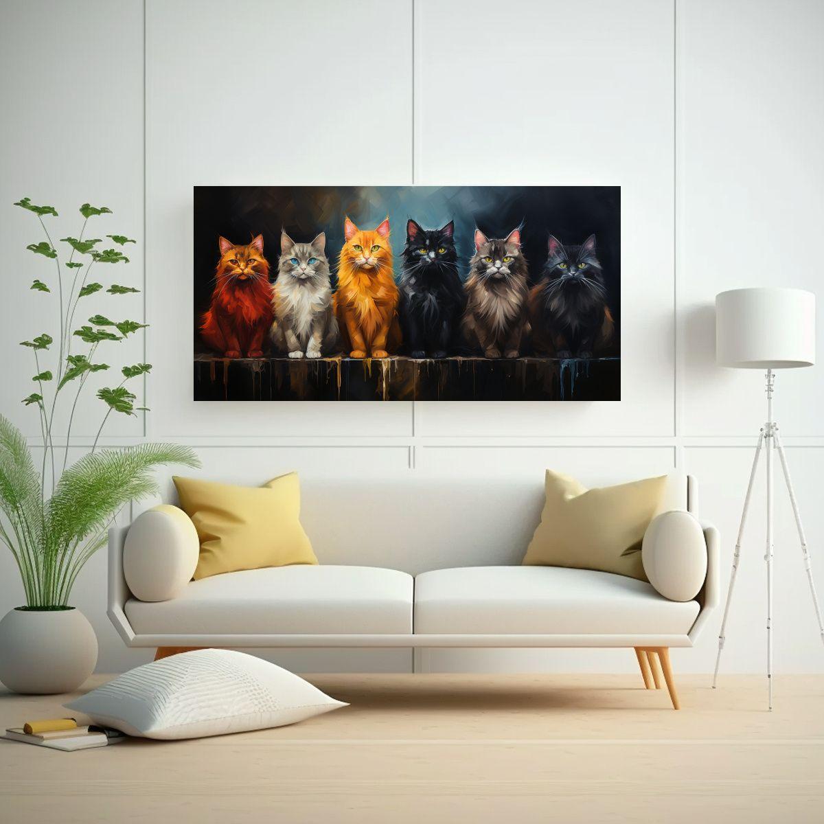 Cuadro Lienzo Gatos Sentados En Pila Mirando 140x70cm-2