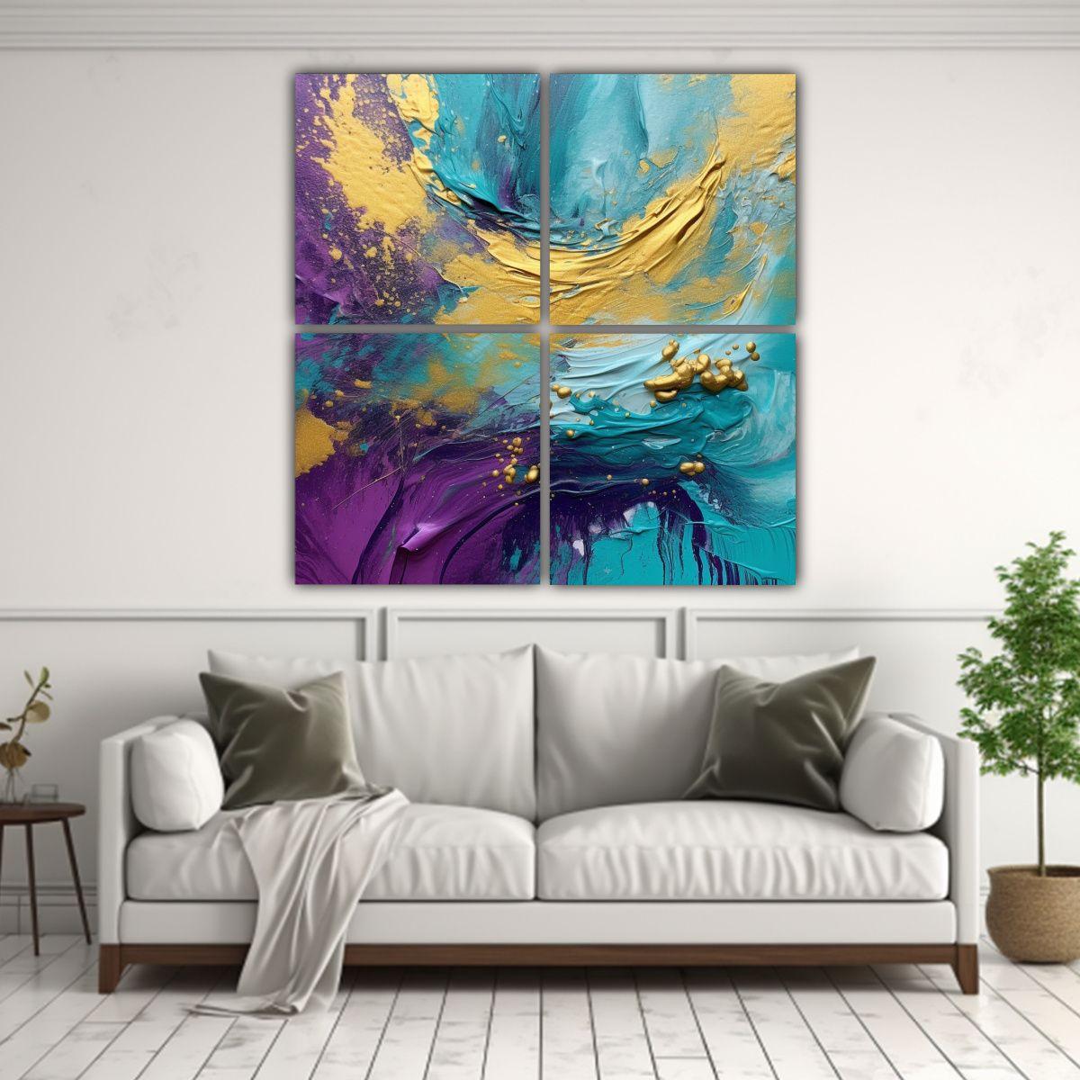 Cuadro De Pared Textura Teal Púrpura Oro 140x140 Cm-2