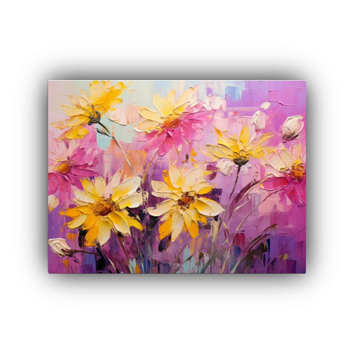 Pintura De Lienzo Abstracto En Amarillo Y Magenta Con Flores 90x60cm-0