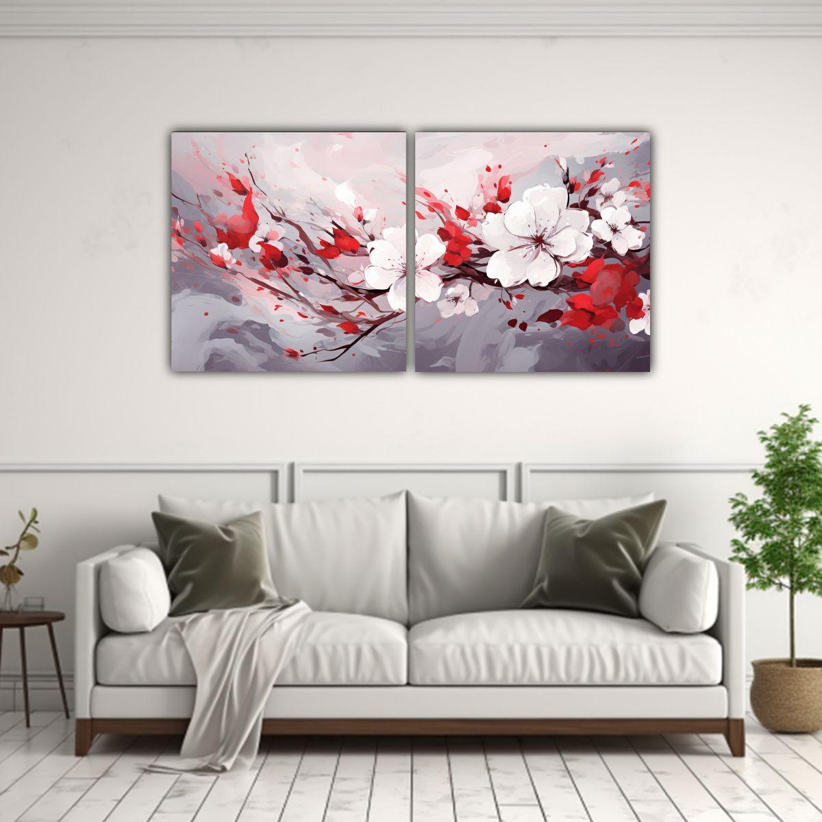 Diptico Cuadro Surrealista En Blanco Y Rojo, 60x30 Cm-2