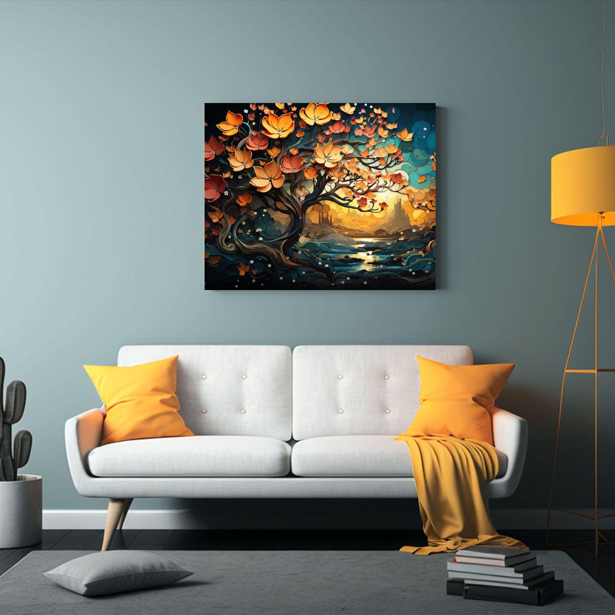 Cuadro Moderno: Banyan Tree En Turquesa Y Naranja, Atmósfer 90x60cm-2